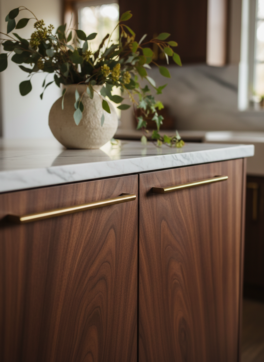 Handcrafted walnut cabinetry with brass handles and marble countertop