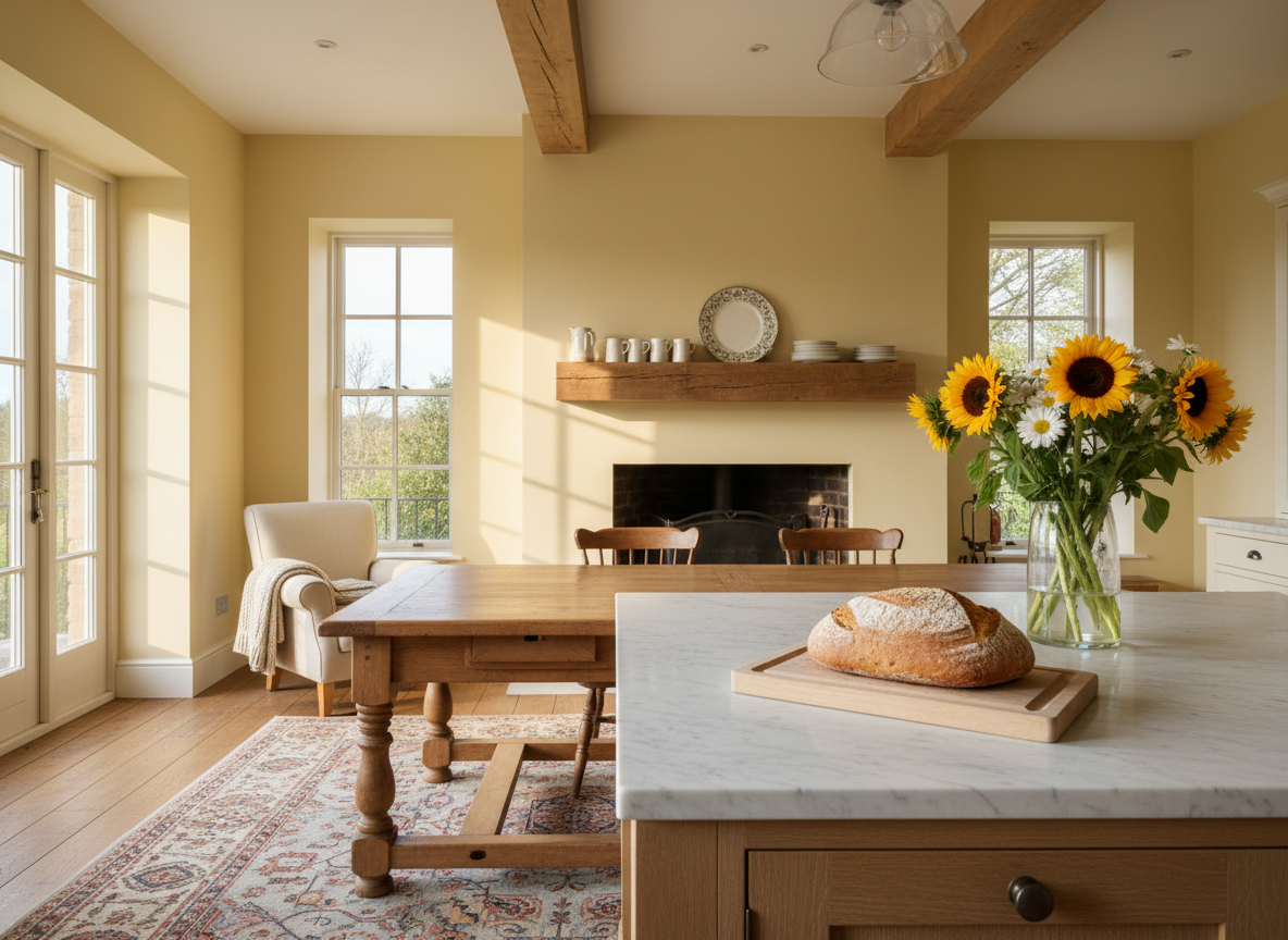 Warm family kitchen at golden hour with a wooden table and fresh flowers
