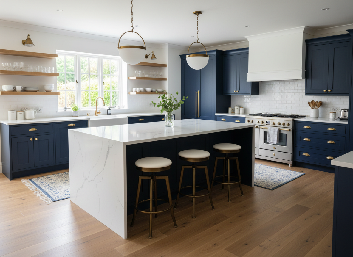 Navy blue family kitchen with white quartz island and brass fixtures