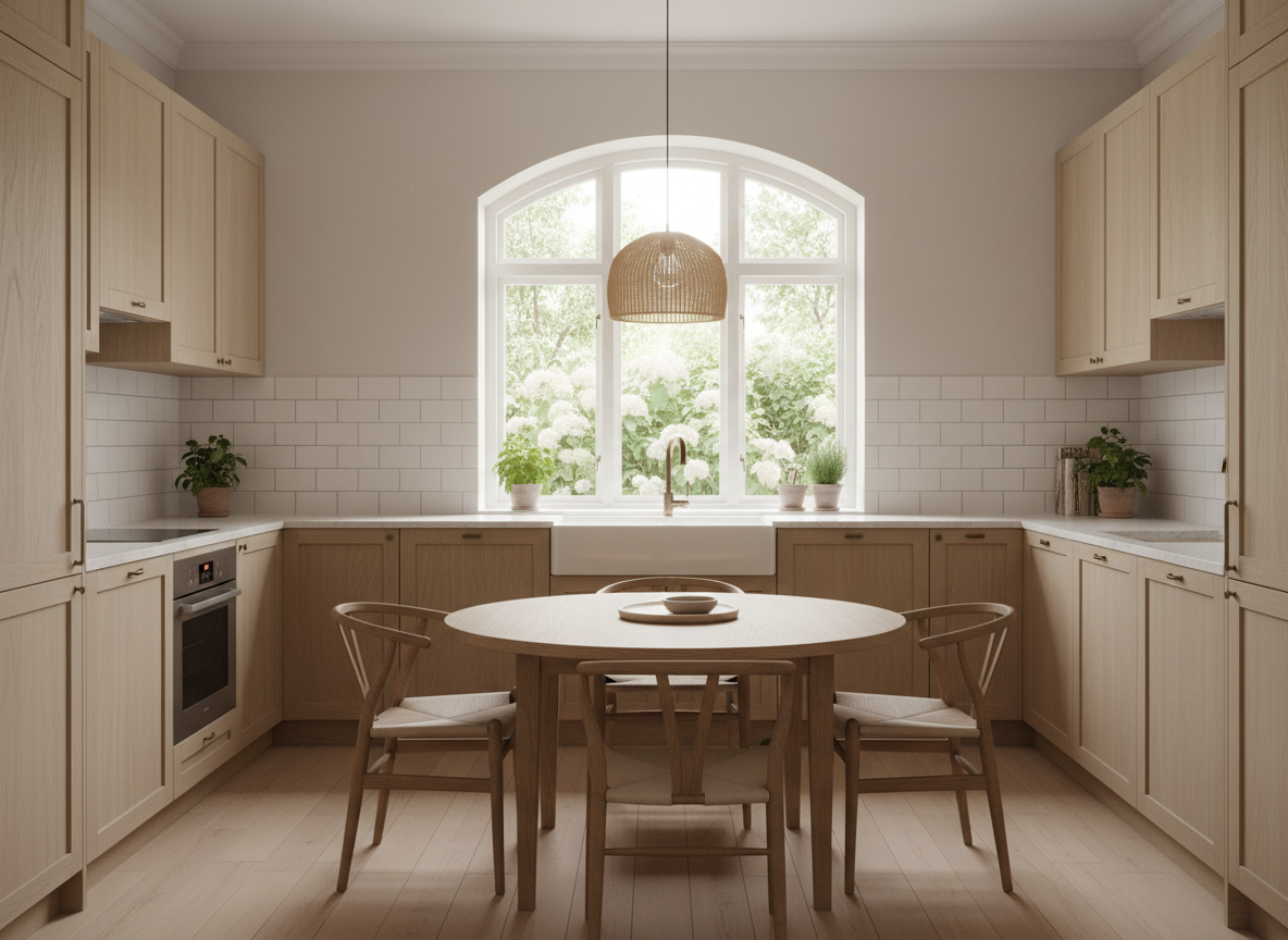 Light oak kitchen with white tile backsplash and a garden window