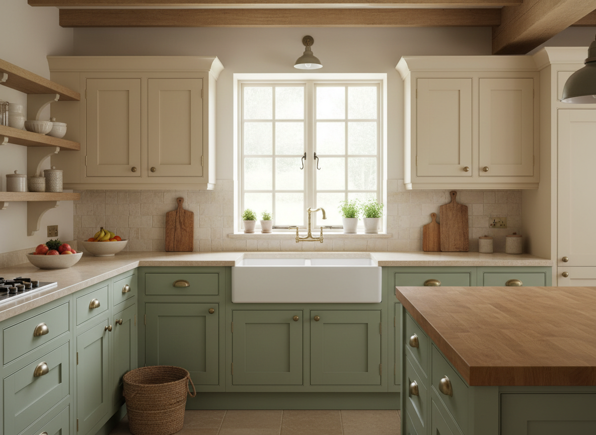 A warm, welcoming country-style kitchen for a professional kitchen design portfolio: painted shaker cabinetry in soft sage green and warm cream, natural oak accents, aged brass hardware, classic farmhouse sink, handmade cream zellige tiles, limestone or wood worktops, soft daylight, tasteful styling, realistic high-end interior photography, no people, no text, landscape composition.